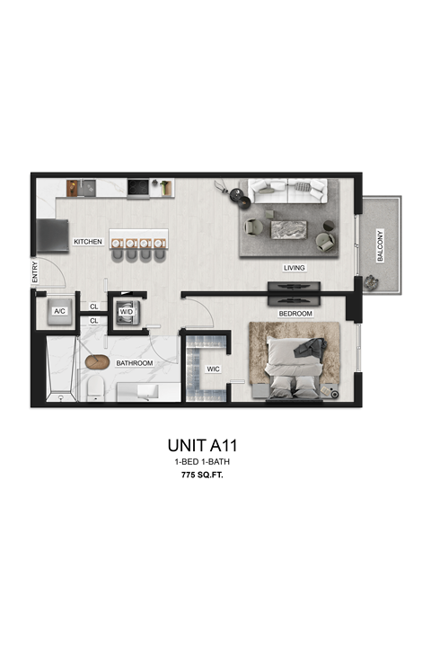 Floor plan for 1 bed, 1 bath, 775 sqft